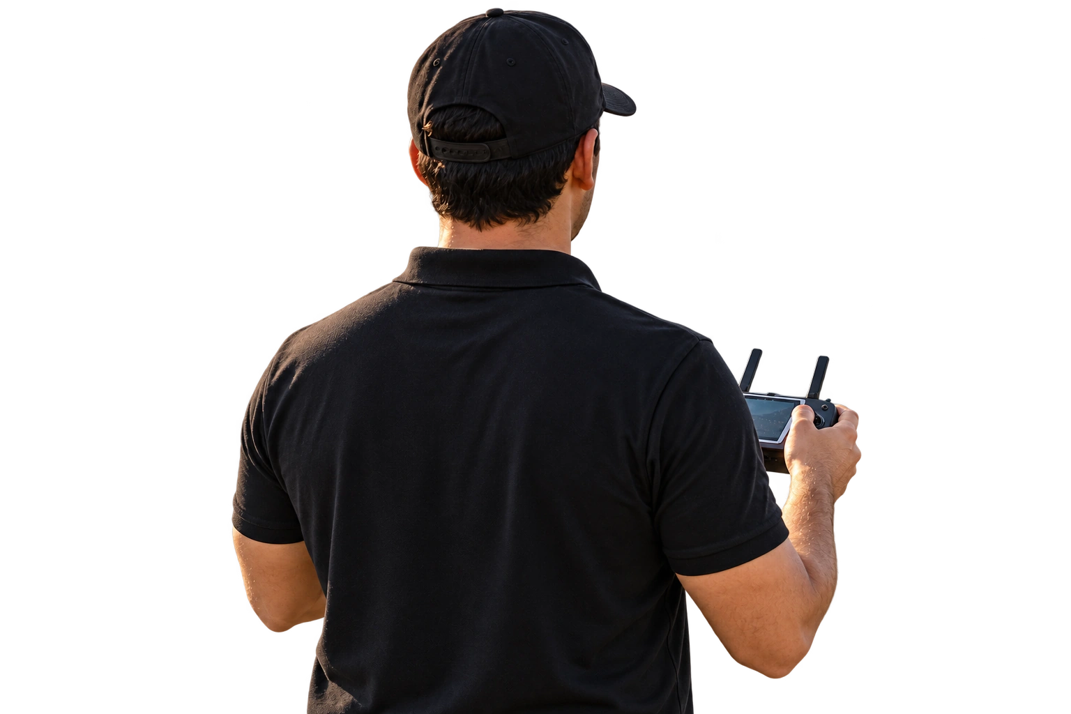 Operador de drone de costas, composição ilustrativa